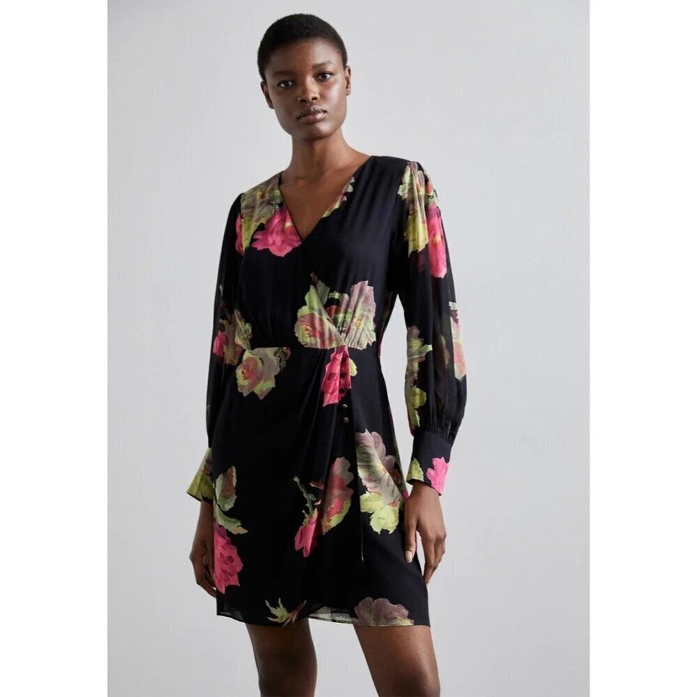 THE KOOPLES Rose V Neck Floral Mini Dress Women's Pink/Black Long Sleeve